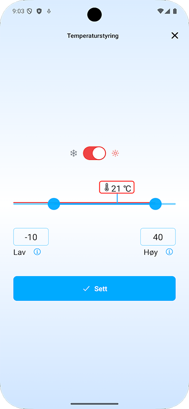 Skjermbilde av temperaturstyring i appen